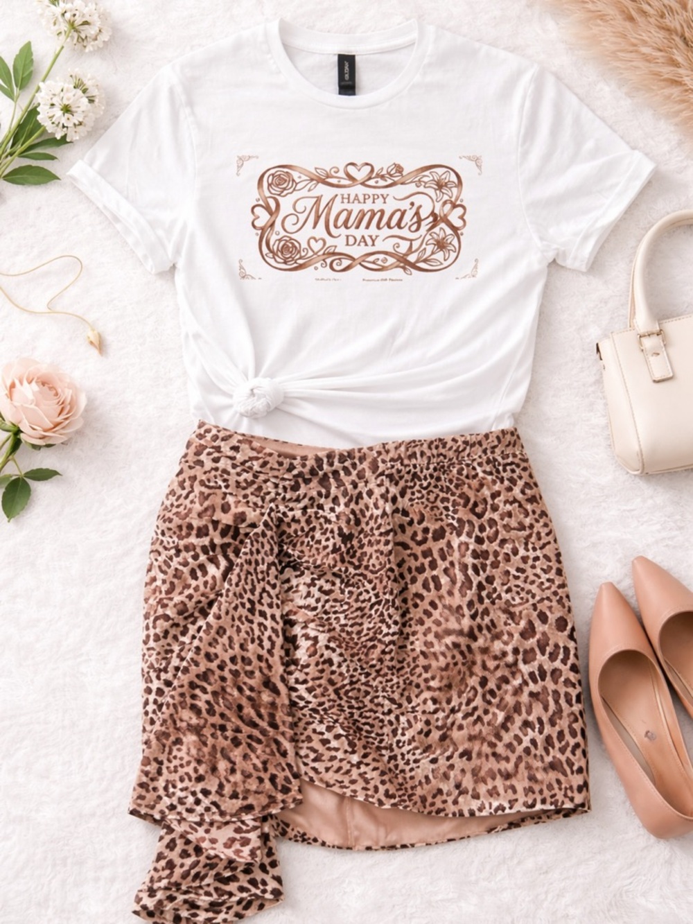 Happy Mama's Day Graphic Tee - White with Rose-Gold Print with skirt bundle